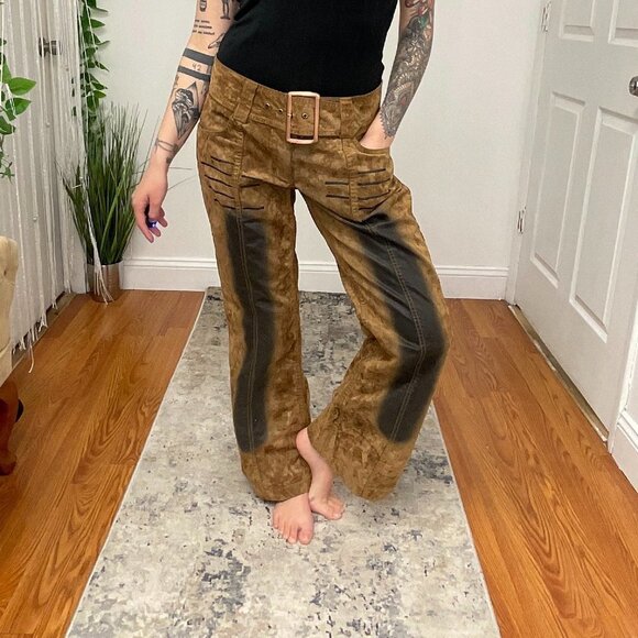 Y2K Melrose Relaxed Fit Mid Rise Camo Flare Pants Belted Waist Size 32 Brown - Picture 1 of 7